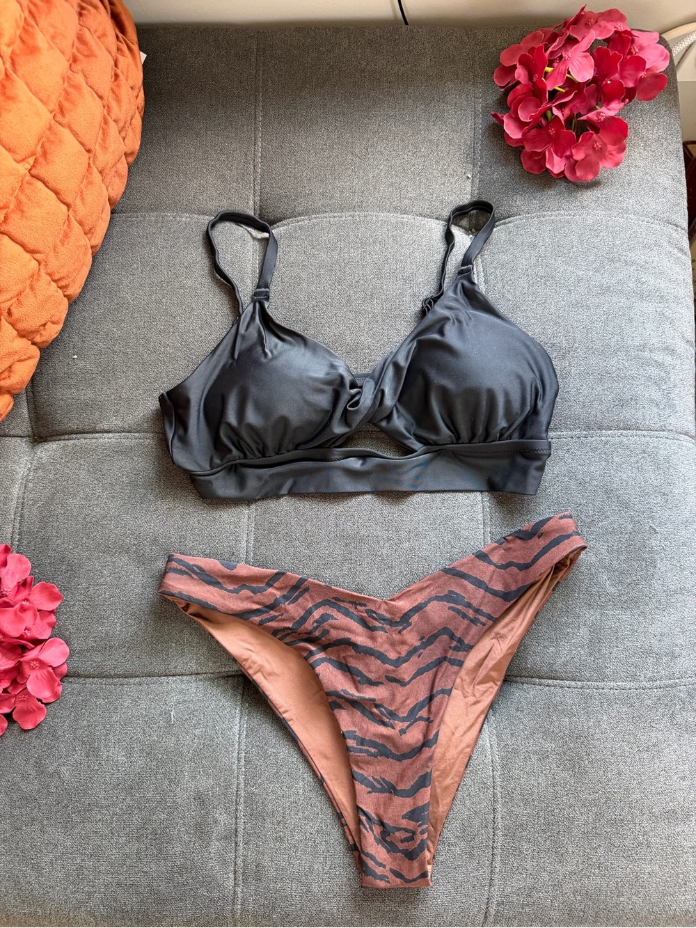 WeWoreWhat Brown Tiger-Print Bikini Bottom and aerie black bikini top